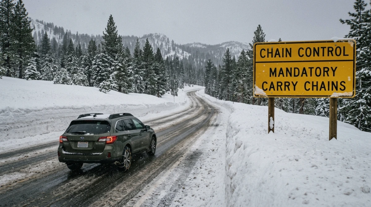 A chain control sign on the snowy highway over Luther Pass on the way to a Lake Tahoe snowmobile tour
