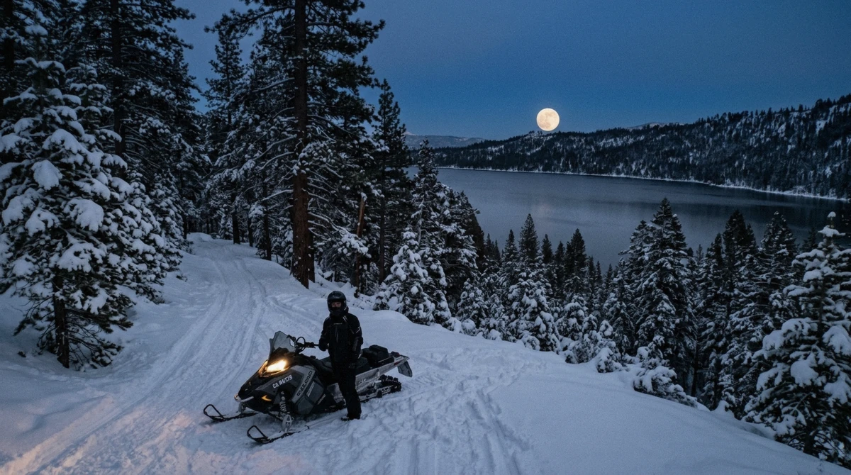 A snowmobile trail above Lake Tahoe under a rising full moon on a Lake Tahoe snowmobile tour