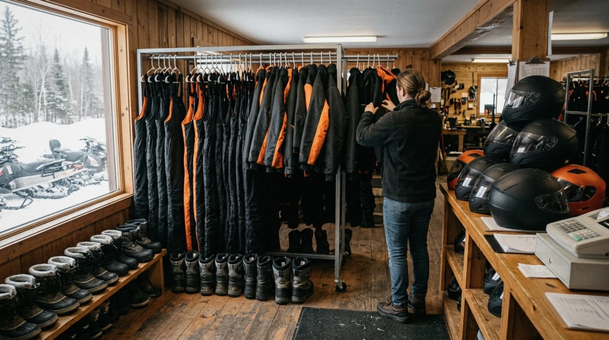 Rental snow bibs, jackets and boots at a Lake Tahoe snowmobile tour centre