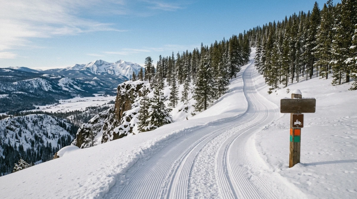 A groomed snowmobile trail curving through pines above Hope Valley on a Lake Tahoe snowmobile tour