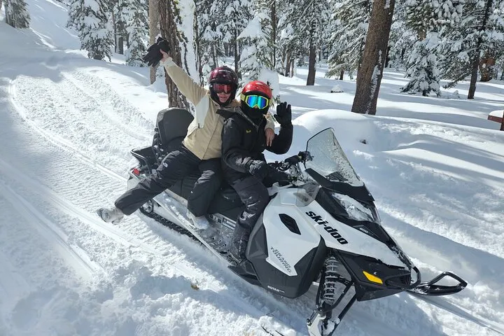 Snowmobiles parked on a forested Sierra trail near Reno on a Lake Tahoe snowmobile tour package