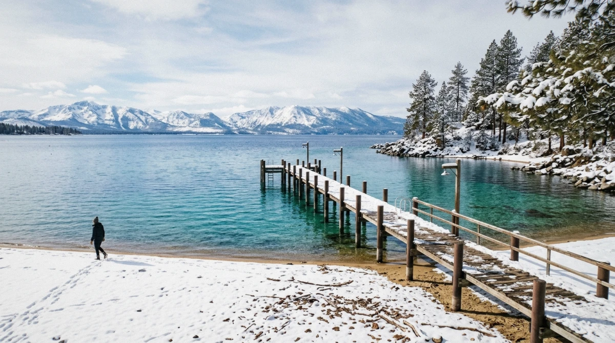 Zephyr Cove beach and pier in winter, the check-in point for a Lake Tahoe snowmobile tour